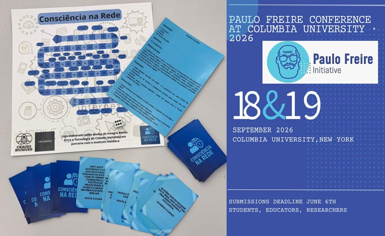 Jogo Consciência na Rede do Integra Perifa 2.0 e cartaz da Paulo Freire Conference 2026 na Columbia University